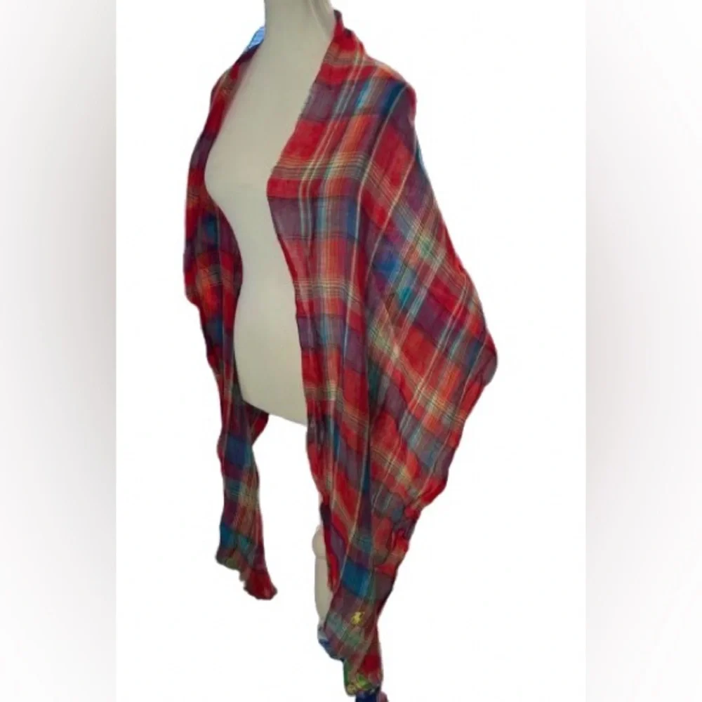 Polo Ralph Lauren Linen Plaid Red Aqua Colorful Linen Scarf Logo Embroidered